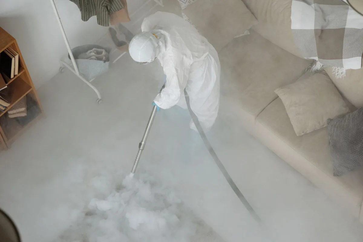 Biohazard cleanup technician in protective equipment, West Pelzer, SC
